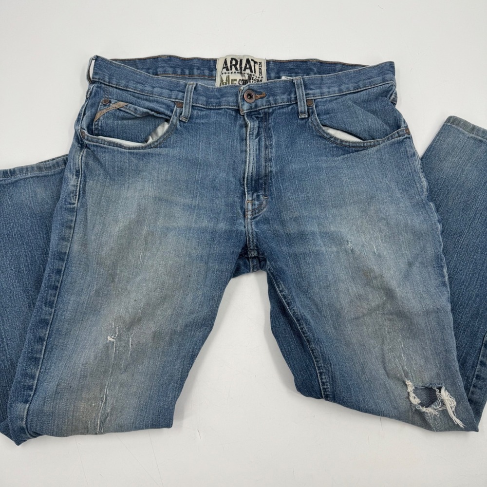 ARIAT M5 Mens‎ 38x30 Bootcut Jeans Medium Wash Distressed Denim Blue